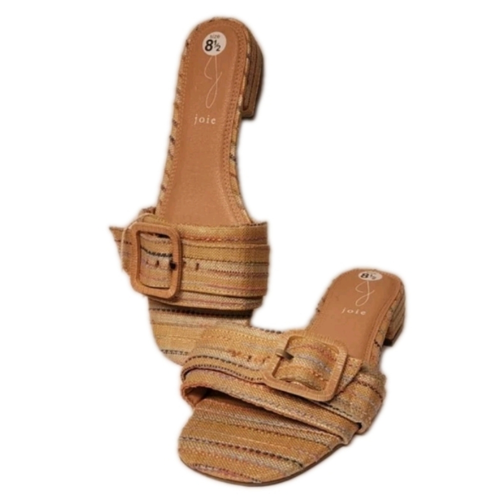 JOIE Claire Tan Buckle Slip On Sandals Tweed Stripe Size 8.5